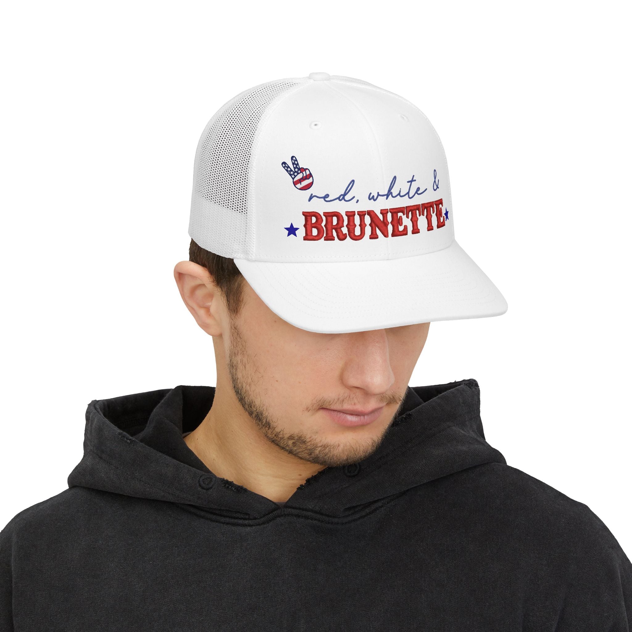Red White & Brunette Snapback Trucker Cap